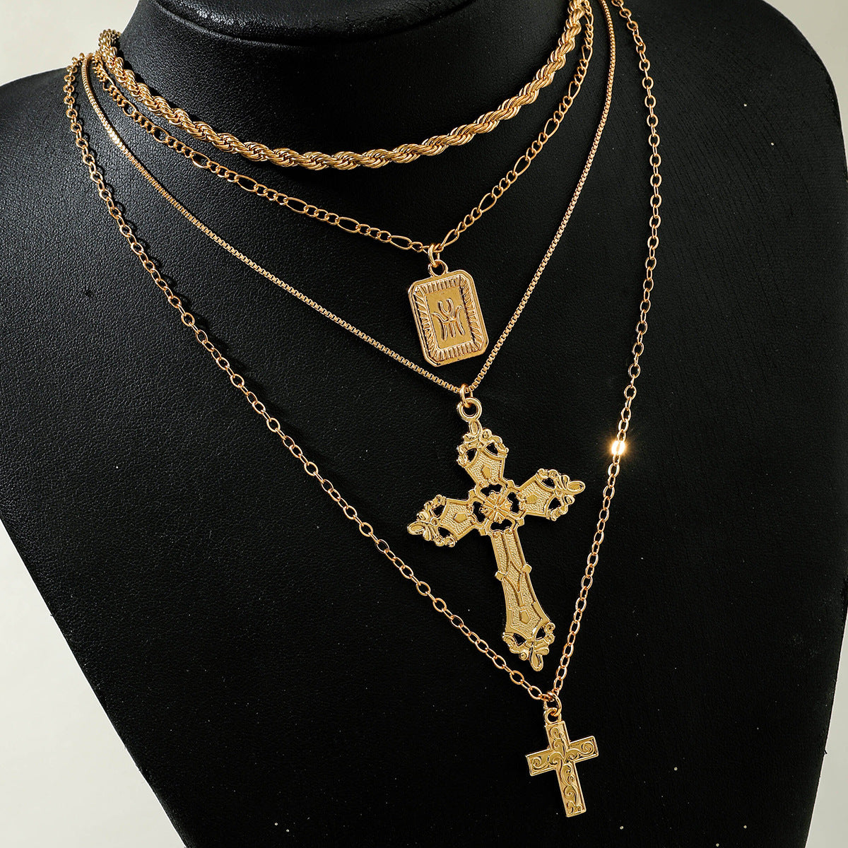European and American Retro Hollow Diamond Cross Pendant Necklace Gothic Style Black Layered Wear Y Type Necklace - 图片 52