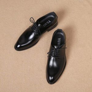 Pointed Toe Lace-Up Business Formal Leather Shoes for Men Korean Version British Style Casual Shoes with Hidden Wedge Versatile Youth Trendy Men's Shoes