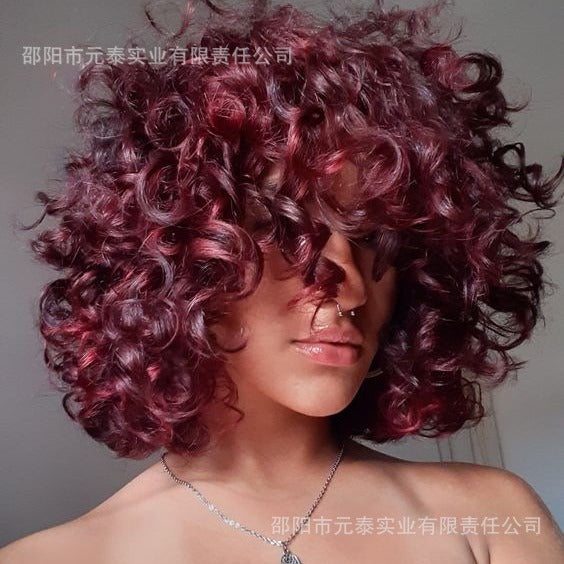 Wine Red Short Bouncy Curly Bob Wig with Bang Human Hair wig - 图片 4