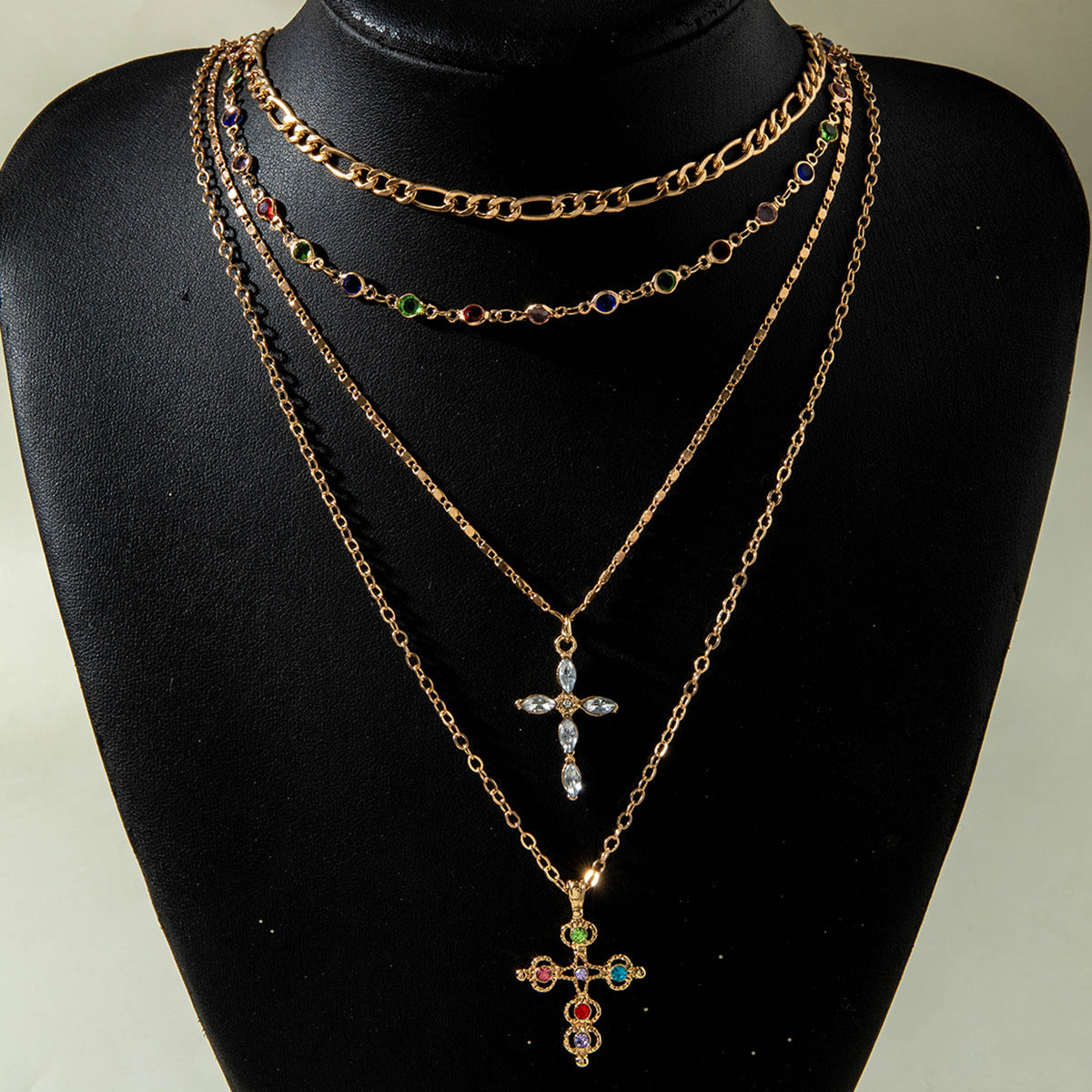 European and American Retro Hollow Diamond Cross Pendant Necklace Gothic Style Black Layered Wear Y Type Necklace - 图片 69