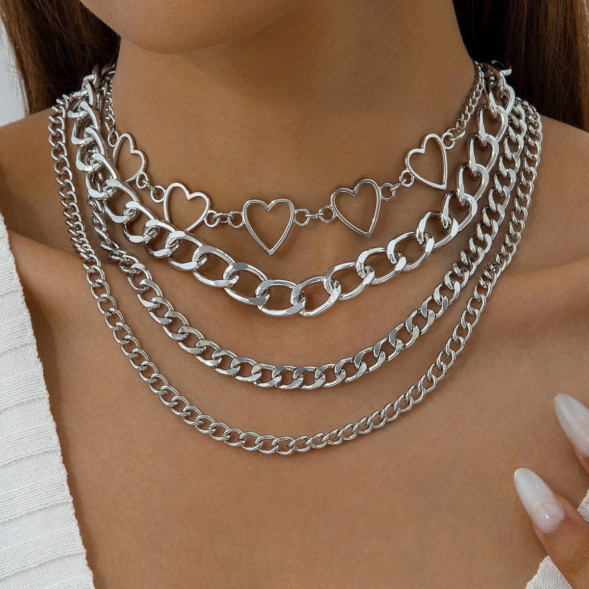 European and American Style Jewelry Hip-Hop Personality Geometric Exaggerated Necklace Heart-shaped Flat Thick Chain Hollow Multi-layer Necklace Wholesale - 图片 7