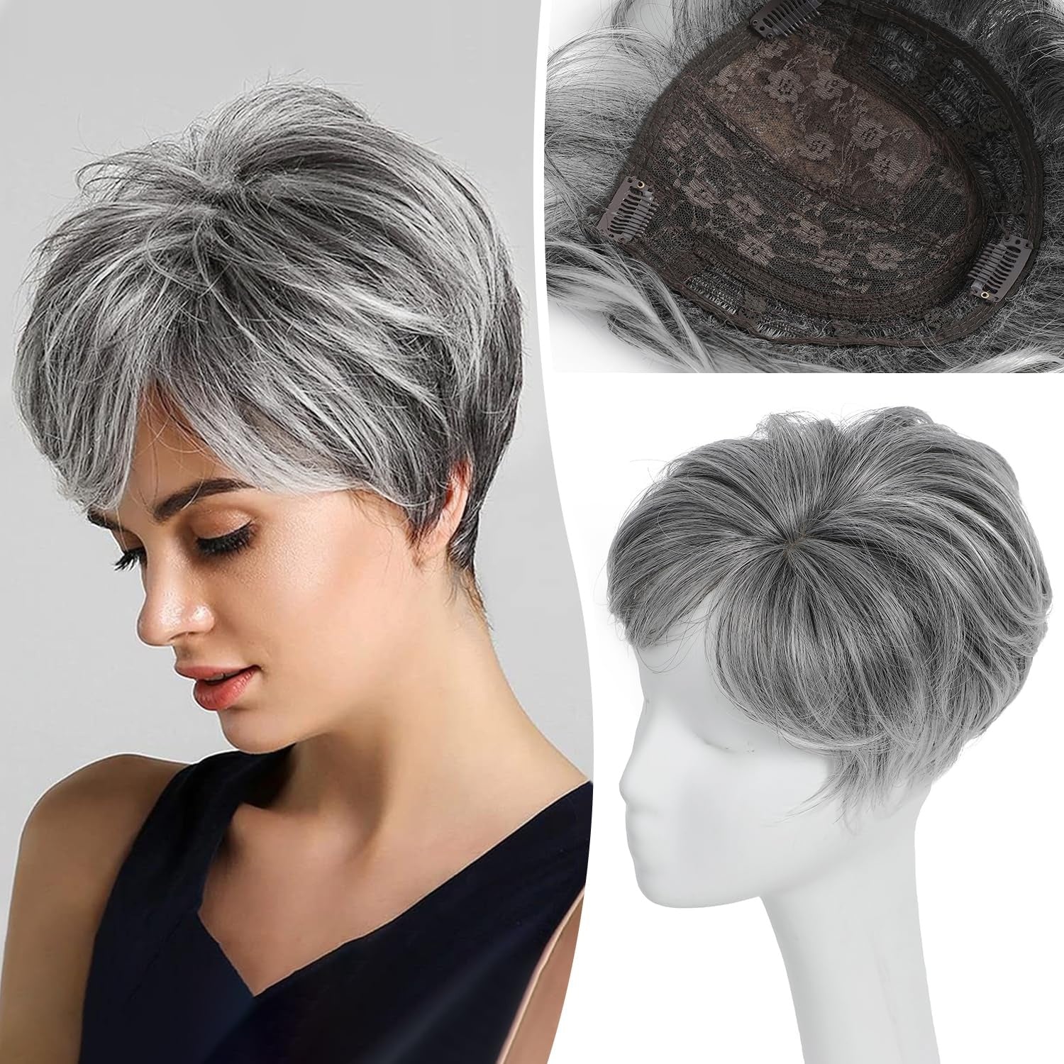 Hairpiece for Women, European and American Style, Top Hair Patch, Synthetic Short Curly Hair, Volume Enhancer, Gray Hair Cover, Breathable Hairpiece - 图片 8
