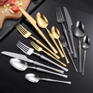 410Stainless Steel Cutlery Hotel Restaurant Hammered Knife Fork Spoon Set Western Small Waist Bark Pattern Steak Knife Fork