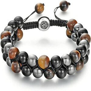 Men's Double Layer Braided Bracelet with Shiny Magnetic Stone Natural Stone Tiger Eye Double Row Braided Bracelet