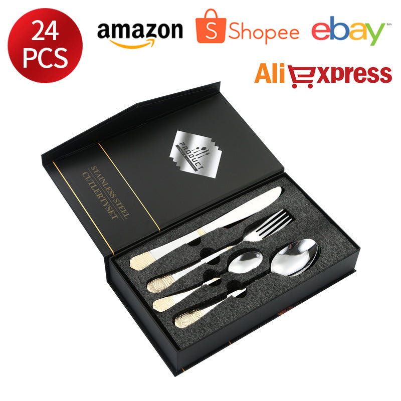 Stainless Steel Tableware Hotel Restaurant Crown Knife Fork Spoon Set Western Steak Knife Fork24Set - 图片 5