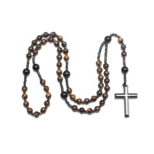 Men's Matte Stone Braided Rope Cross Necklace Natural Stone Beaded Long Necklace Tiger Eye Stone Cross Necklace