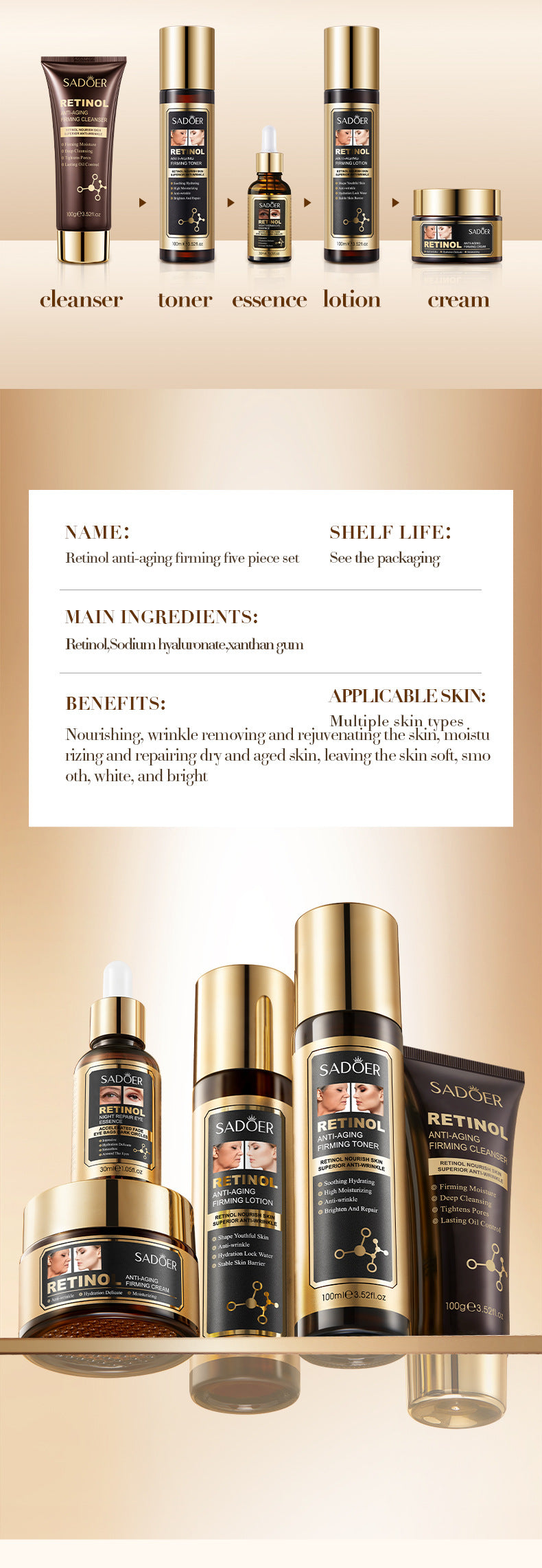 Retinol Skincare Set SADOER Anti-wrinkle, hydrating, moisturizing five-piece set for foreign trade wholesale - 图片 15