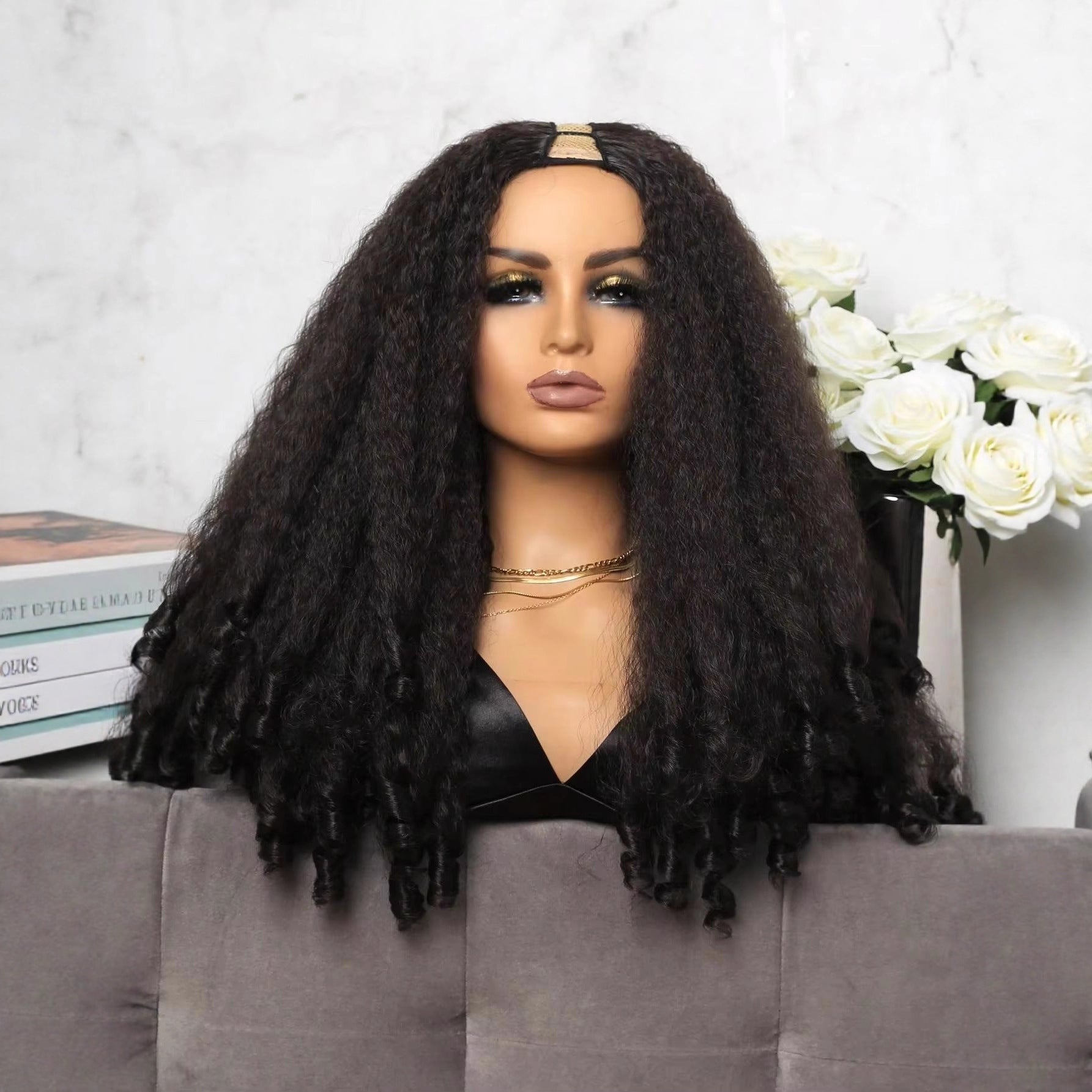 YAKI Straight Hair with Curly Ends Synthetic Wig V High-Temperature Fiber Wig with Hollow Top