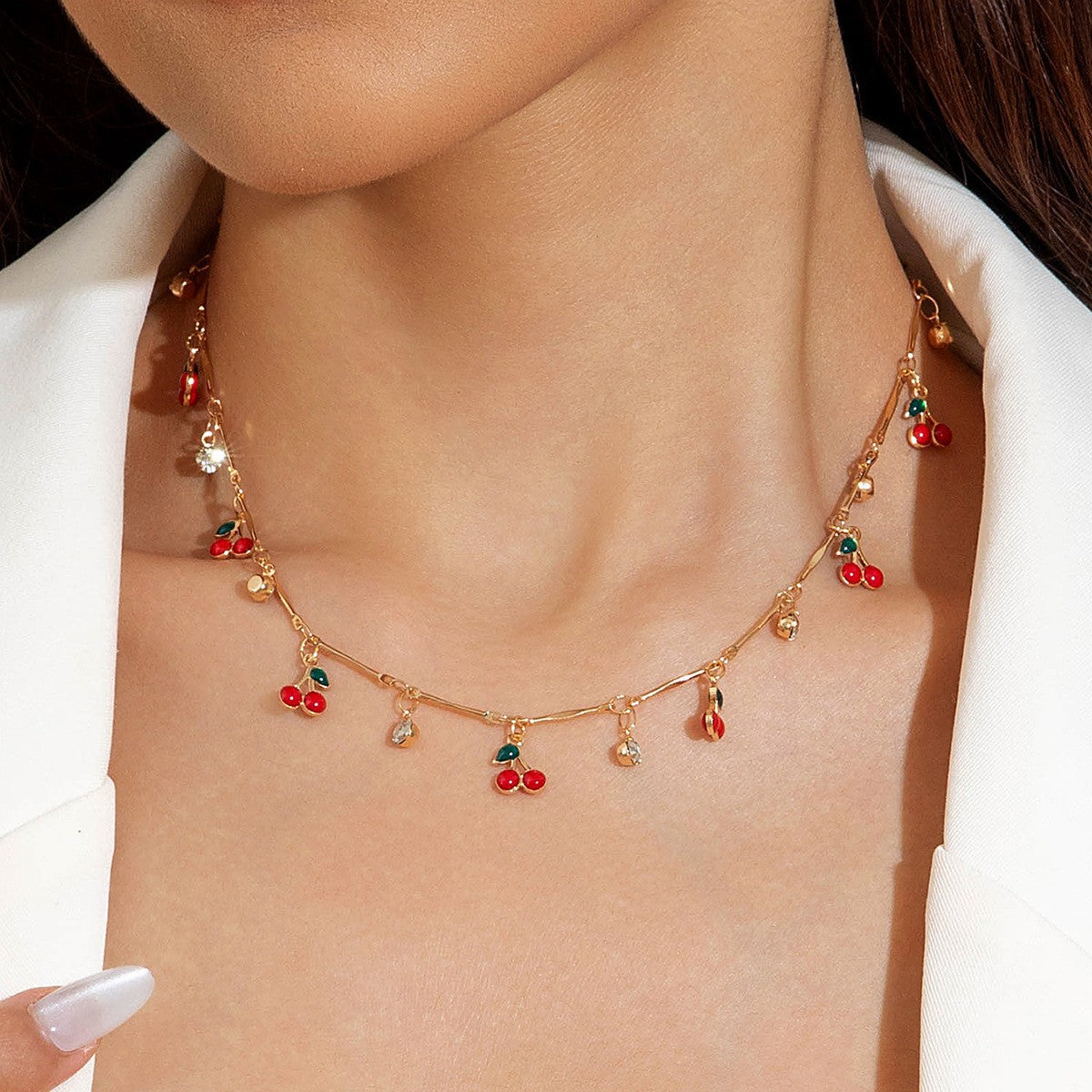 European and American Style Jewelry Light Luxury Imitation Pearl Cherry Necklace High-End Versatile Grass Multi-Layer Stacking Necklace Wholesale - 图片 11