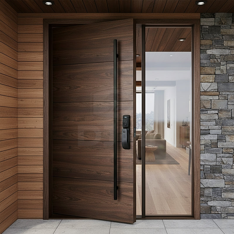 Solid Core Solid Wood White Oak Pivot Door Modern Exterior Villa Front Entry Door with Large-size Laminated Glass Side Window