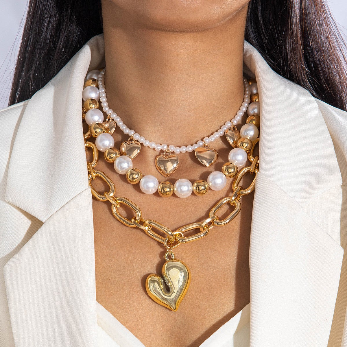 Ornament Layered Wear CCB Peach Heart Necklace Wholesale Baroque Metal Pendant Pearl Necklace - 图片 8