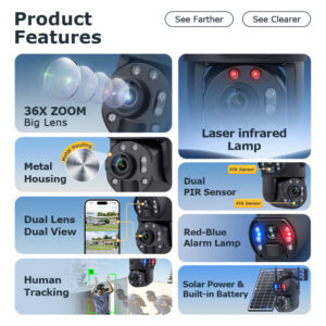 4G Solar Camera Smart HD Laser Night Vision Dual Lens36Optical Zoom Surveillance Intelligent Monitoring