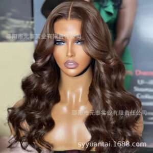 13x4x1Foreign Trade Hot-Selling Wig for European and American Women, Front Lace Wig, Synthetic Chocolate Color, Big Curly Rilley Style