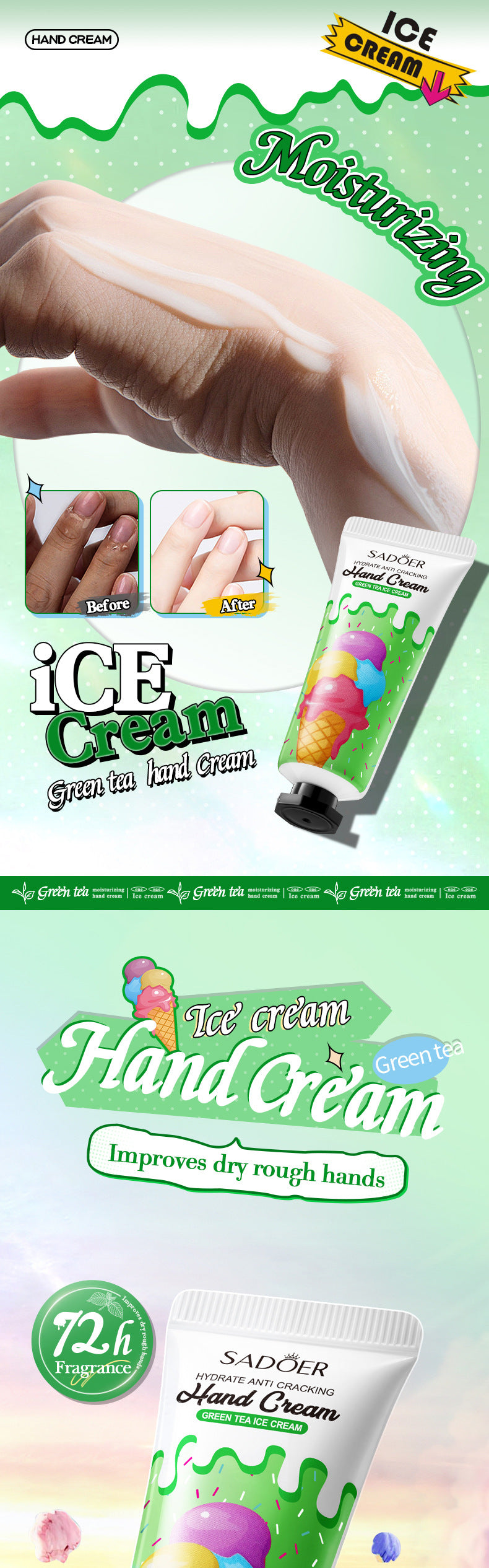 Green Tea Ice Cream Hydrating Hand Cream SADOER Autumn and winter hand cream cross-border foreign trade wholesale - 图片 11