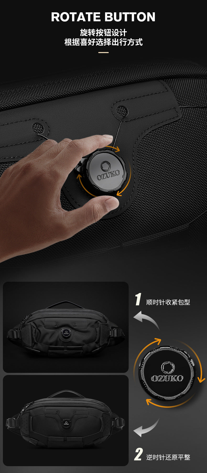 OZUKO Men's Chest Bag Crossbody Waist Bag Multifunctional Tactical Waterproof Portable Outdoor Cycling Trendy Brand High-end Bag - 图片 10